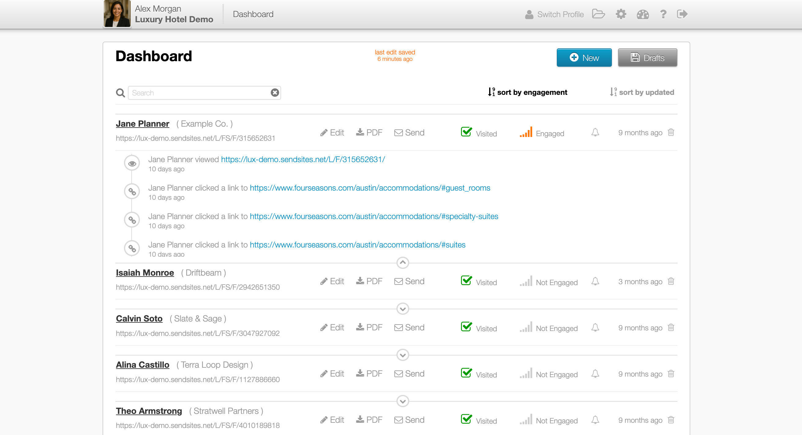 SendSites analytics dashboard showing visit notifications and section engagement